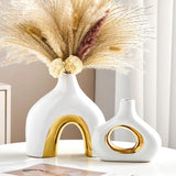 Ceramic Vase Set of 2 White and Gold Vase for Pampas Grass, Modern Donut Vase... Pampas Grass