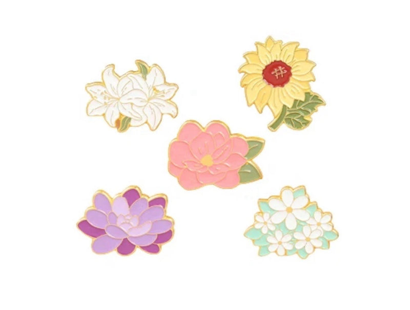 Set of 5 enamel flower pins with yellow, pink, purple, and white designs