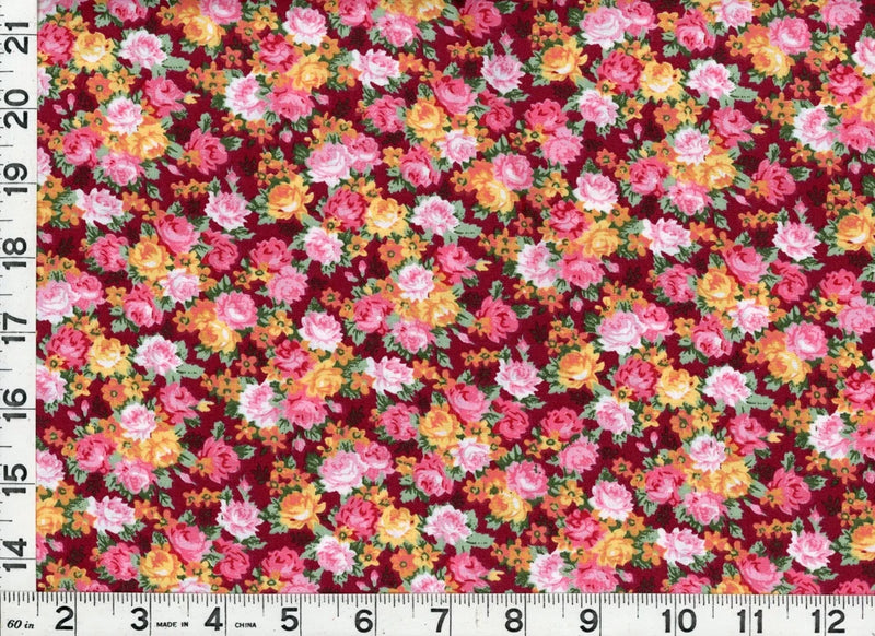 Dark red quilting fabric with dense multicolor roses and flowers print, yardage