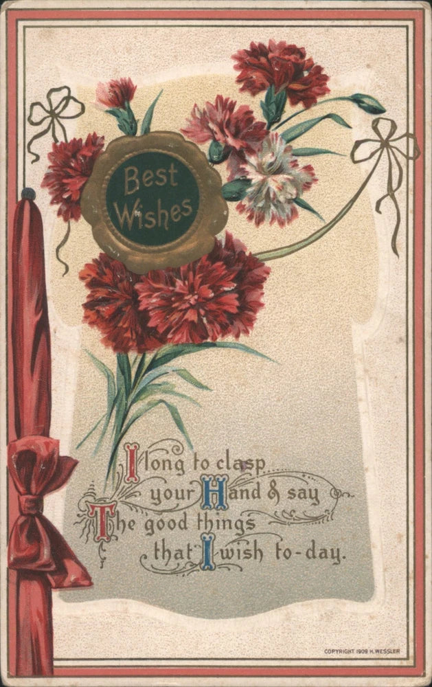 Antique-style greeting postcard with red carnations, “Best Wishes” oval, and ribbon bow