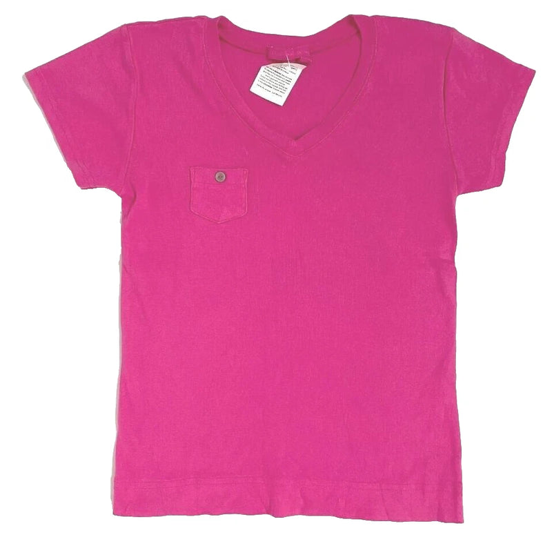 Pink cotton V-neck baby rib top with chest pocket, short sleeves