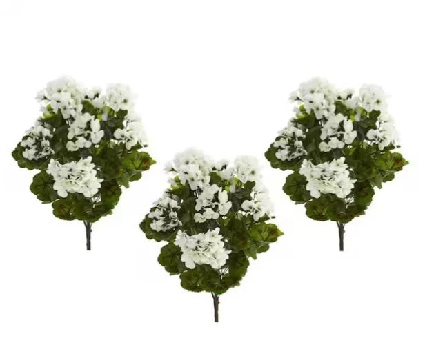 Nearly Natural Geranium Artificial Bush & Flowers Set of 3 6131-S3-WH - NIOB Green Plant