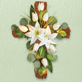 LED Lighted White Easter Lilies and Tulip Flower Cross Wall Hanging Spring Decor Lily