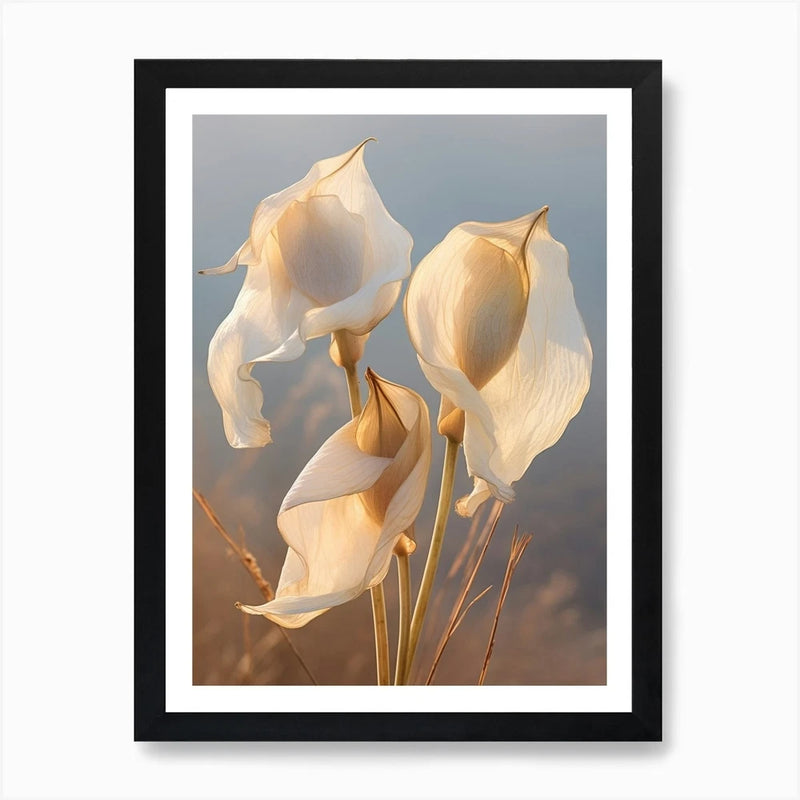 Framed wall art print with beige dried calla lilies and stems, black border frame