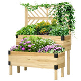 2 Tier Self Draining Natural Wood Raised Garden Bed Planter Box with Trellis Garden Plants