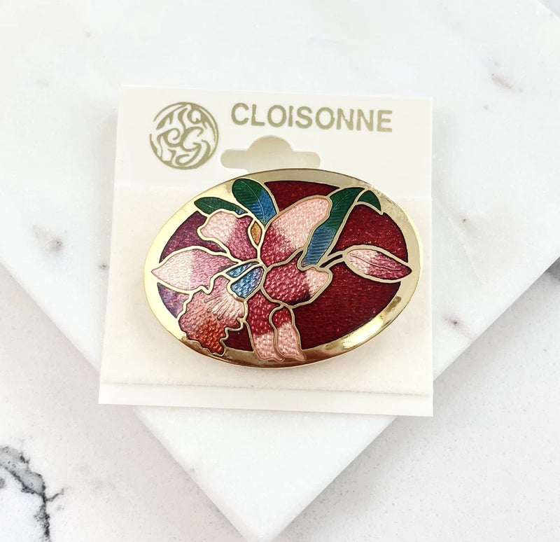 Vintage CloisonnŽ Gold Tone Red Pink Enamel Lily Flower Brooch Pin Lily