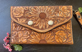 Hand Tooled Leather Tri-fold Clutch Wallet Sunflowers And Roses Sunflower