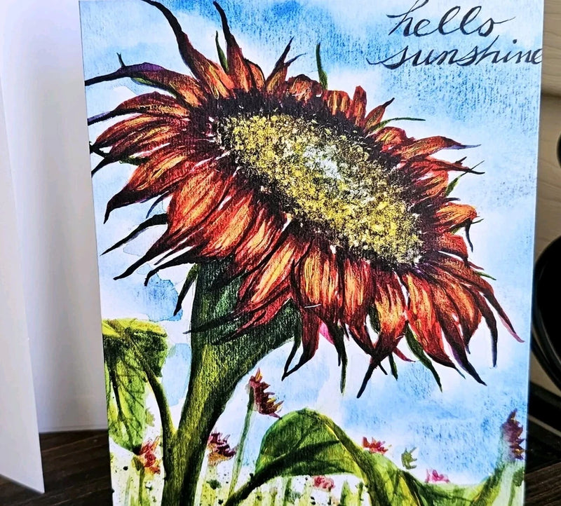 'Hello Sunshine' Sunflower Print Fall Christian Greeting Card 5x7 W/Env & Verse Sunflower