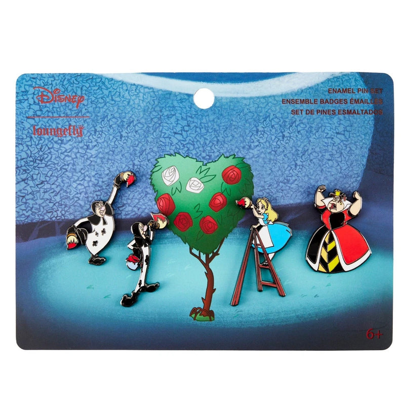 4-piece enamel pin set on card: Alice, White Rabbit, Queen, and red rose tree