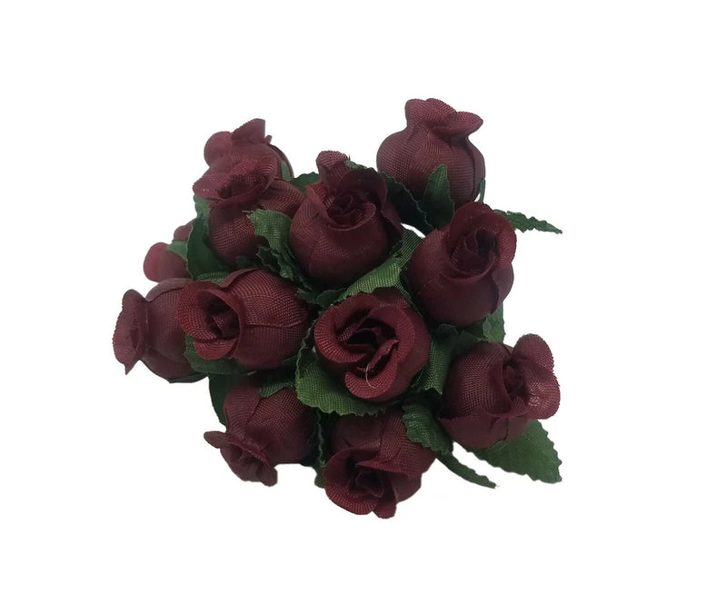 Set of small burgundy artificial rosebuds with green leaves for millinery and crafts