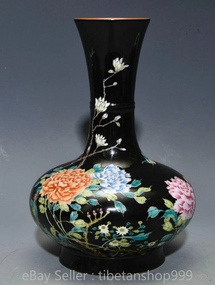 9.4" Old Chinese Black Glaze Pastel Porcelain Peony Flower Butterfly Bottle Vase Peony