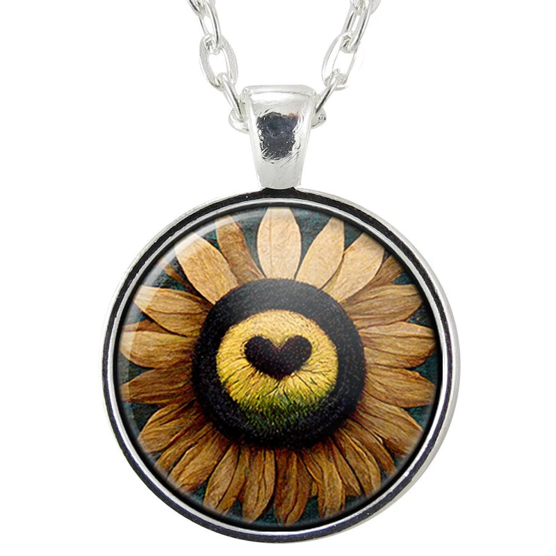 Yellow Sunflower Art Pendant Necklace, Romantic Flower Handmade Jewelry Gifts Sunflower