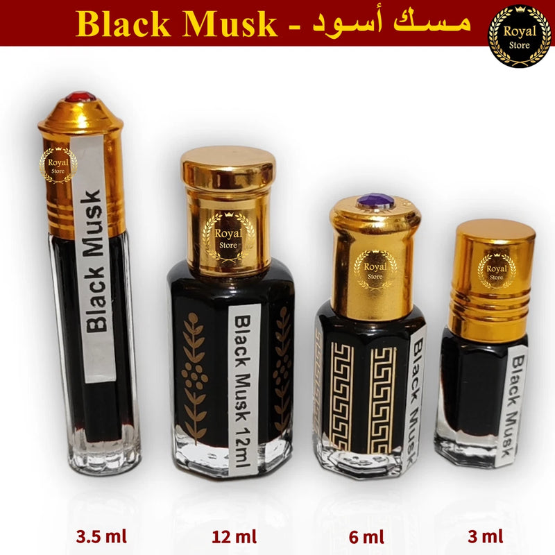 Concentrated black musk Arabic perfume oil set, four glass bottles with gold caps
