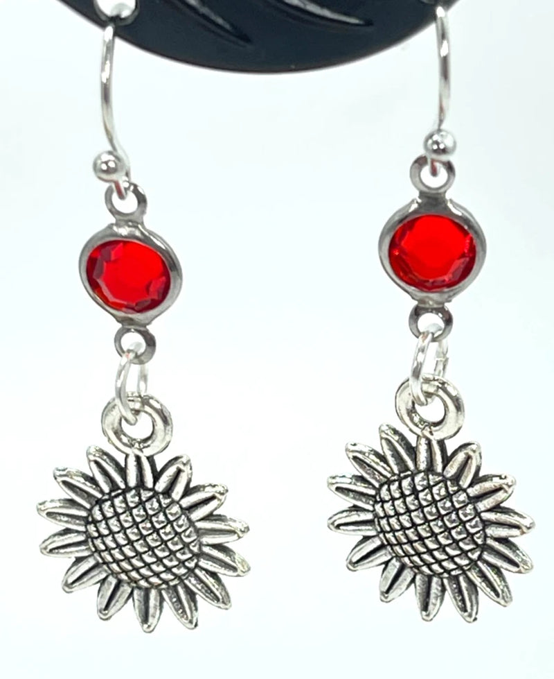 Earrings Antique Silver Tone Sunflowers w/Red Crystal Accents Drop 1.5" Sunflower