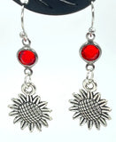 Earrings Antique Silver Tone Sunflowers w/Red Crystal Accents Drop 1.5" Sunflower