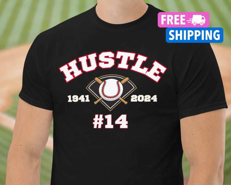 Black T-shirt with 'HUSTLE' baseball graphic, 1944-2024, and #14 print.