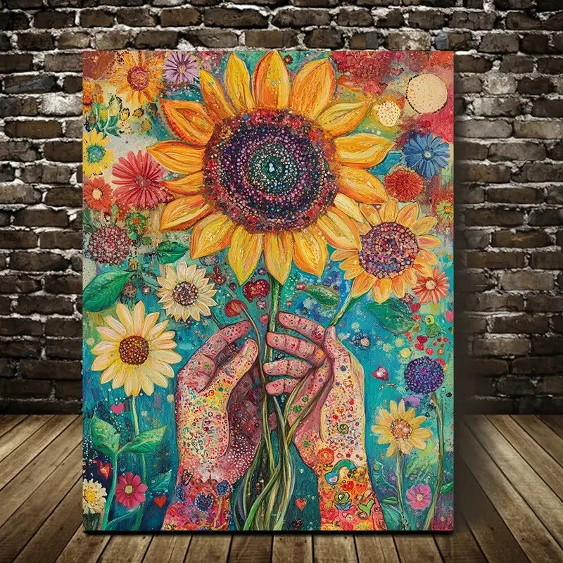 Colorful sunflower wall art canvas with large central bloom and bright floral details