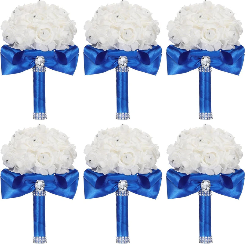 Royal Blue Wedding Bouquet Set - 6 Pack with Diamonds & Ribbons for Bride & Brid Bouquet