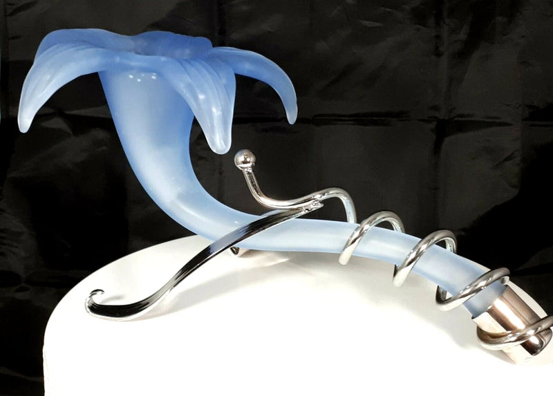 Vintage Frosted Art Glass Blue Lily Floral Ornament Hand Blown Chrome Stand Lily