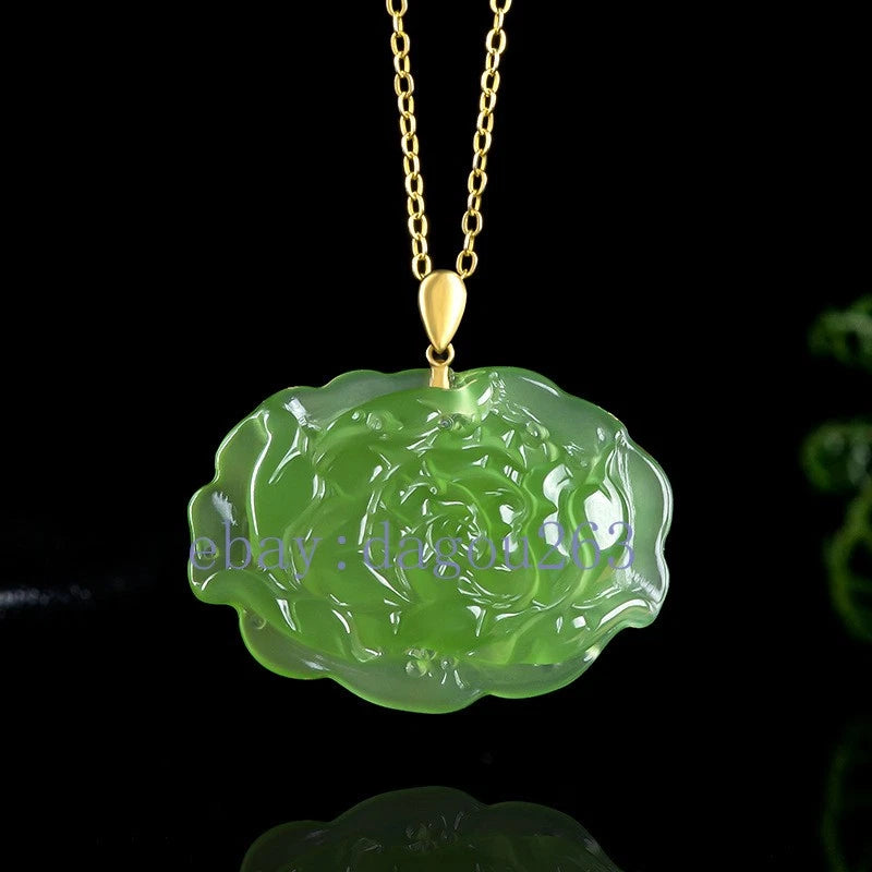 Green jade peony flower pendant with carved texture and gold bail on chain