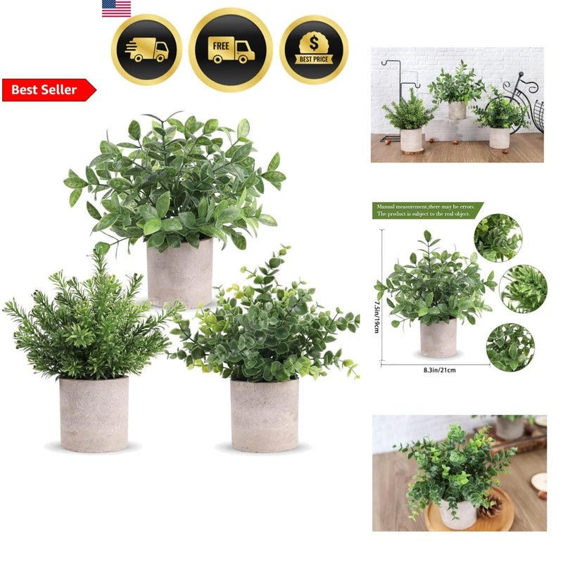 Artificial eucalyptus plants 3-pack in mini beige pots with dense green foliage
