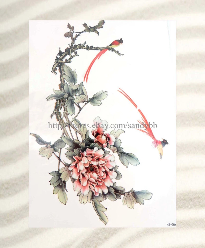 Large floral peony and birds temporary tattoo sheet with leaves and red accents