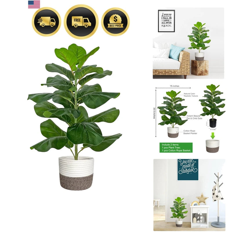 Artificial fiddle leaf fig tree in white textured pot, broad green leaves