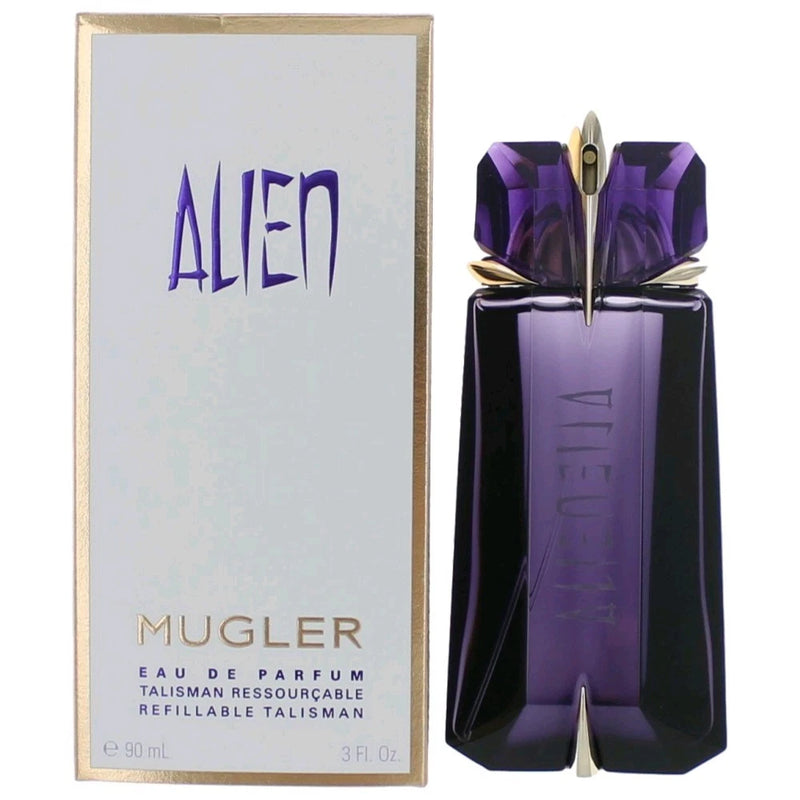 Refillable purple perfume bottle with gold cap and geometric fluted design