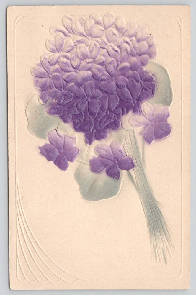 Postcard Airbrushed Violet Flowers Hydrangeas? - Embossed Floral Greetings Hydrangea