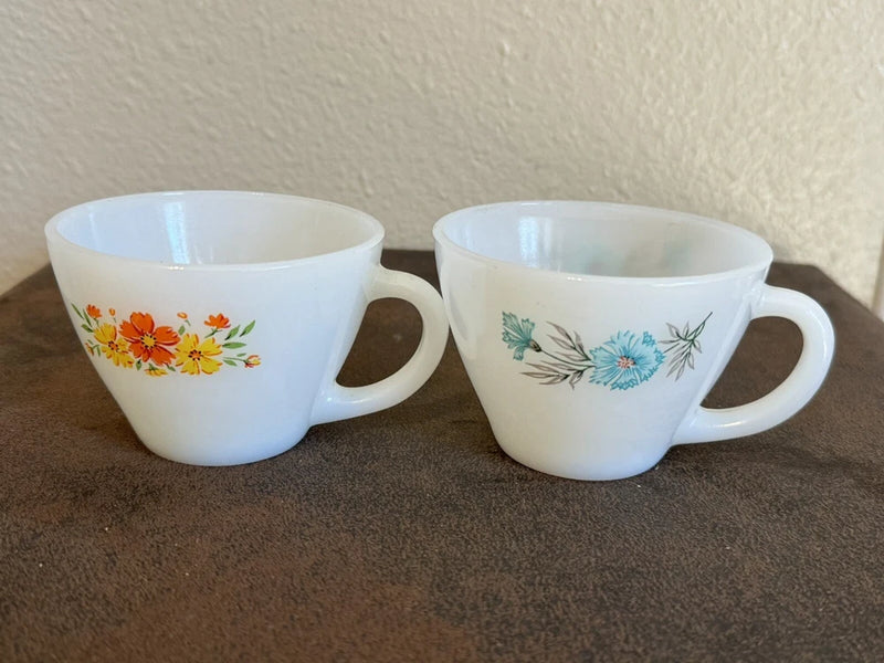 Vintage MCM Fire King Milk Glass Bonnie Blue & Red Carnation Flower Tea Cups Carnation