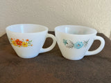 Vintage MCM Fire King Milk Glass Bonnie Blue & Red Carnation Flower Tea Cups Carnation