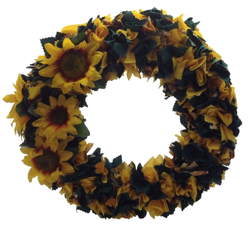 16-inch sunflower wreath with yellow and dark fabric flowers on straw backing