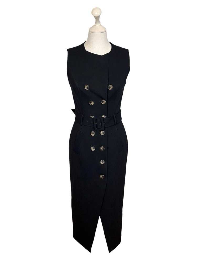 Black double-breasted belted midi dress, sleeveless, gold buttons