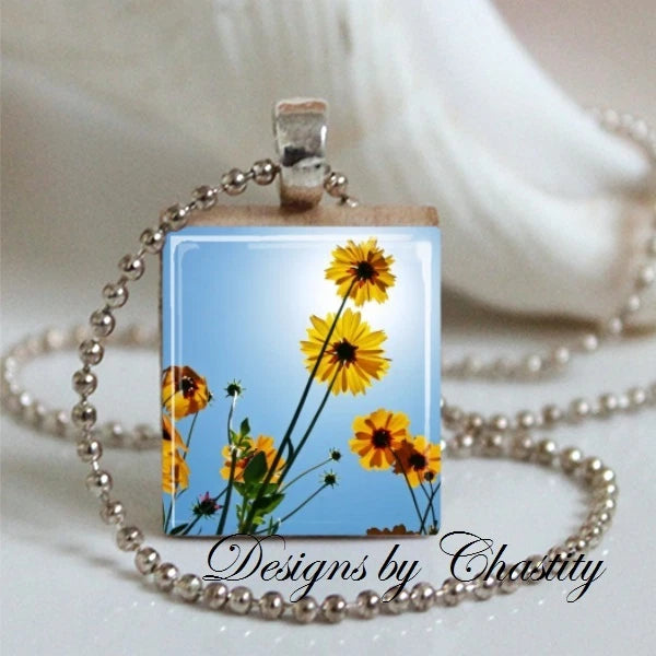 Yellow Sunflower Necklace Scrabble Charm Pendant Flower Summer Bright Blue Sky Sunflower