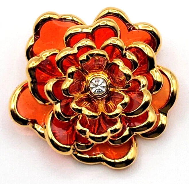 JOAN RIVERS AMBER PLIQUE A JOUR CARNATION FLOWER BROOCH PIN SIGNED GOLD TONE Carnation