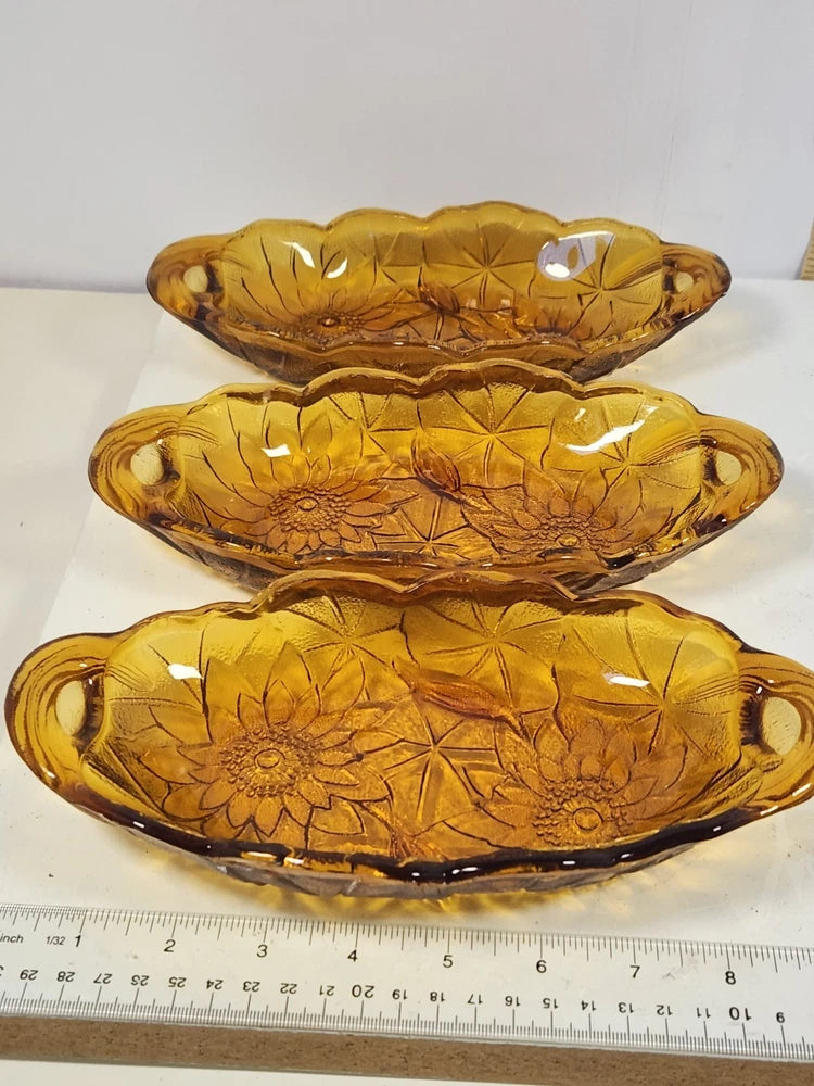 3 Vtg Embossed Amber Glass Sunflower Flower Oval Relish Dish Plates Candy Bowls Sunflower