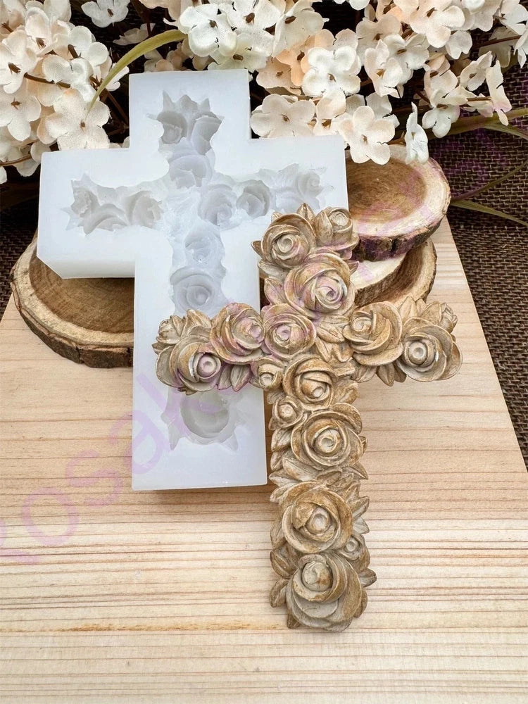 Handmade silicone mold with rose-cross design, detailed raised floral pattern