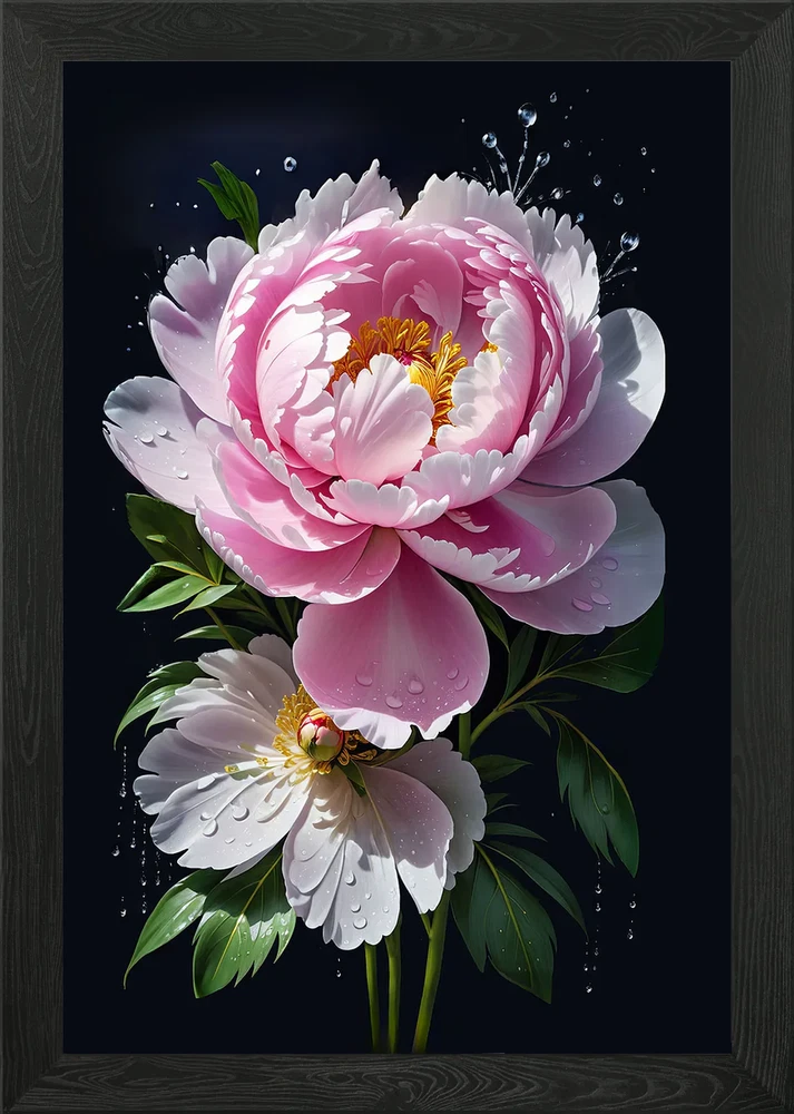 Framed wall art canvas print with pink peony and white blossoms, green leaves, water droplets
