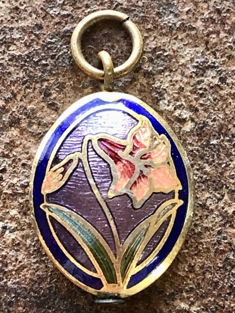 VTG CloisonnŽ Pendant Gold Tone Domed Oval Floral Reversible Spring Lily Flower Lily