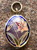 VTG CloisonnŽ Pendant Gold Tone Domed Oval Floral Reversible Spring Lily Flower Lily