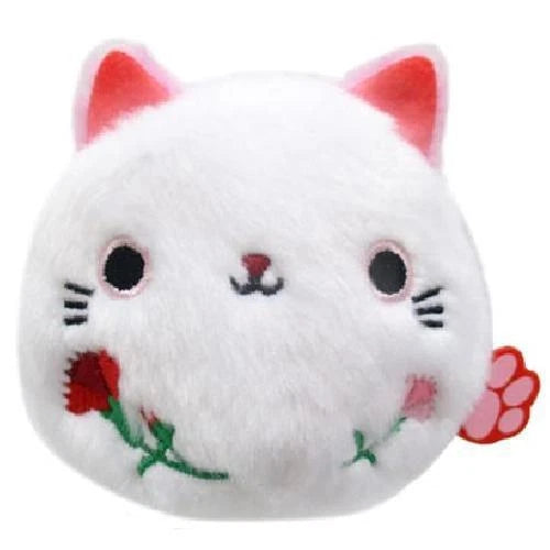 White mini cat plush with embroidered face, carnation flowers, and heart paw