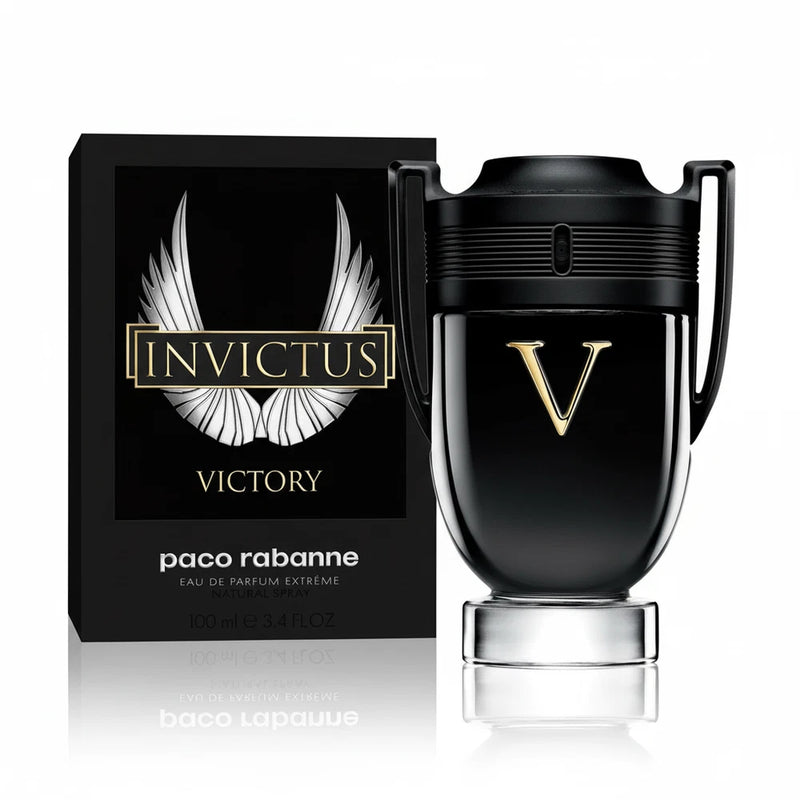 Invictus Victory EDP bottle with black cap and Paco Rabanne box, 100ml