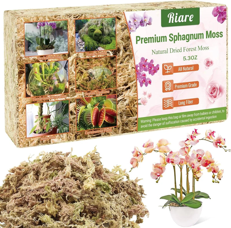Premium dried sphagnum moss for plants, loose natural moss and labeled 6QT bag