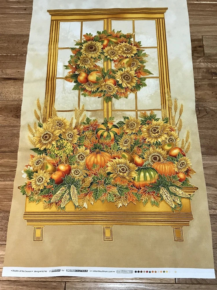 Harvest bouquet cotton fabric panel with sunflowers, pumpkins, and autumn leaves