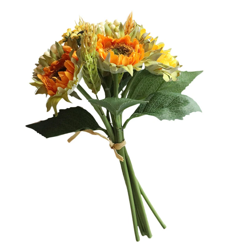 Artificial sunflower bouquet with orange and yellow blooms and green leaves