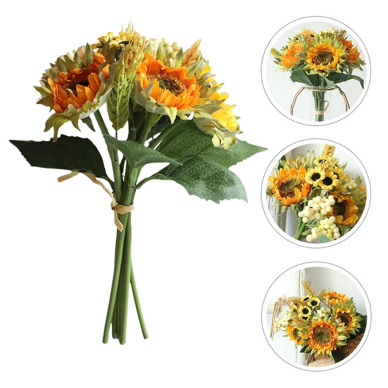 Sunflower bouquet with orange and yellow blooms, green leaves, and bundled stems