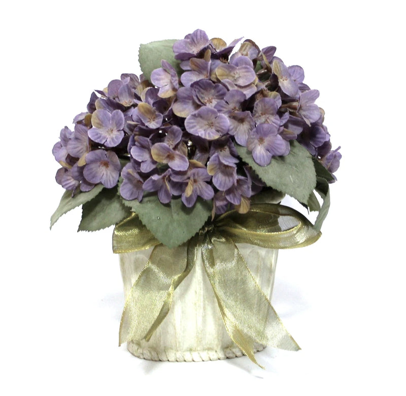 Purple Hydrangea Floral Arrangement in White Planter Hydrangea
