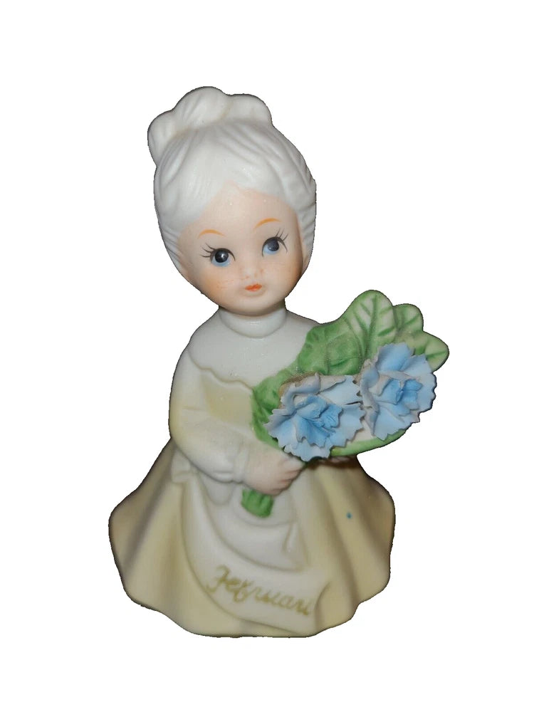 Vintage February Birthday Girl with Flowers Figurine Blue carnations Carnation