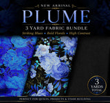 Plume 3 Yard Fabric Bundle, Blue Floral Fabric, Black Background Quilt Fabric, H Flowering Plants