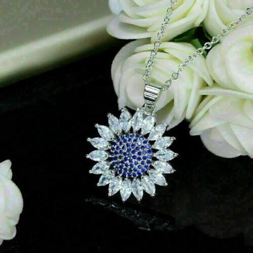 3CT Round Cut Lab-Created Sapphire Halo Sun Flower Pendant 14K White Gold Plated Sunflower